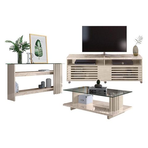 Rack Bancada com Aparador e Mesa de Centro Frizz Cross Calacata Off White - Madetec