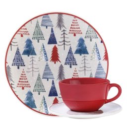 Kit Café Lanche Natal Pinheiro Oxford Cerâmica 24 Peças - 1