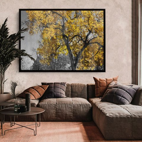 Quadro Decorativo Caixa Floral Árvore Amarela Tacolado Moldura Caixa 3cm Madeira com Vidro 30 X 40cm