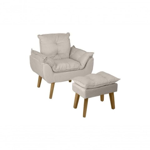 Poltrona Decorativa Opala e Puff Opala Bege Claro com Fibra de Silicone e Pés Quadrado