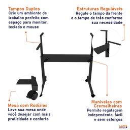 Mesa Ergonômica Dupla Tampo Rústico 4 Rodízios Altura Ajustável - Preto - 9