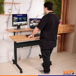 Mesa Ergonômica Dupla Tampo Rústico 4 Rodízios Altura Ajustável - Preto - 6