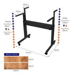 Mesa Ergonômica Dupla Tampo Rústico 4 Rodízios Altura Ajustável - Preto - 8