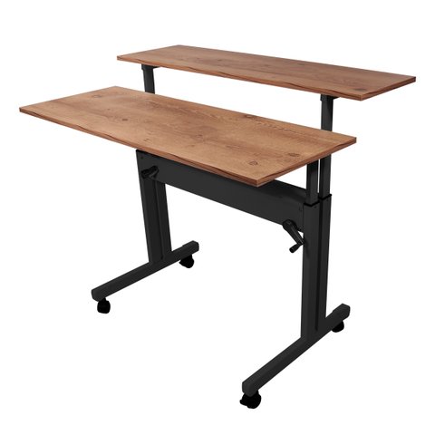 Mesa Ergonômica Dupla Tampo Rústico 4 Rodízios Altura Ajustável - Preto