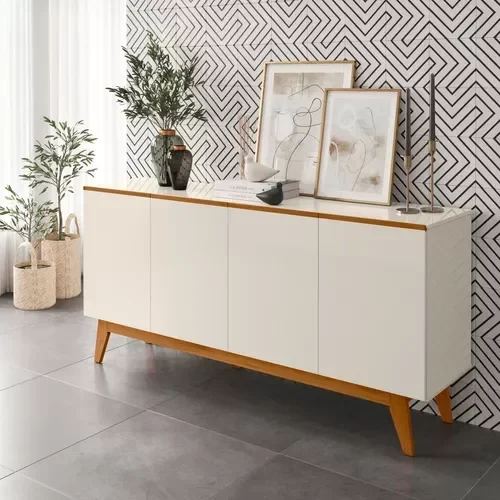 Aparador Armário Buffet Ares Lux 4 Portas C/ Base Em Madeira Off White - 2