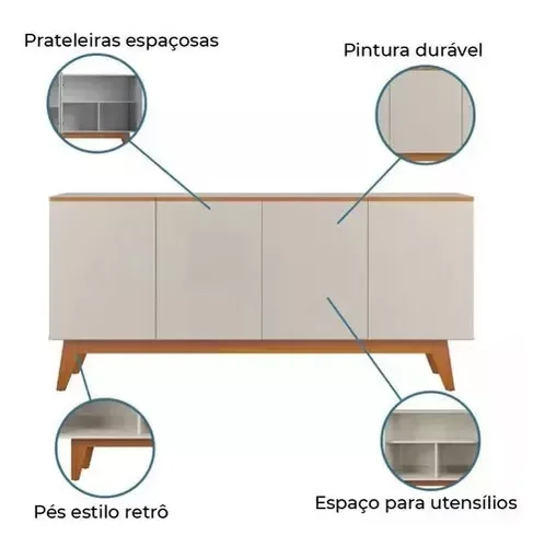 Aparador Armário Buffet Ares Lux 4 Portas C/ Base Em Madeira Off White - 4