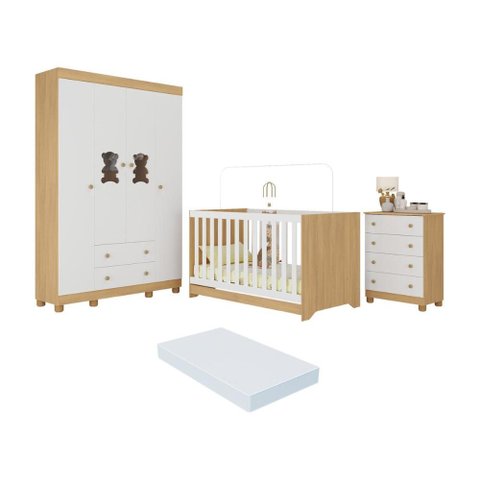 Quarto de Bebê Completo C/ Berço Americano 3 em 1 Colchão Fofura Multimóveis Mp4665 Madeirado/