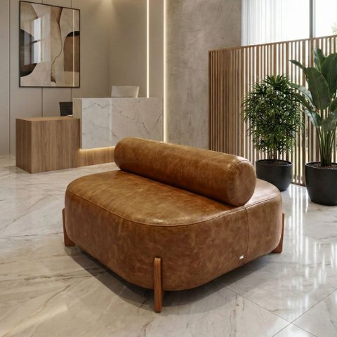 Poltrona Ilha Recepção Corino Modena Ocre | Design Sofisticado Loja Consultório - Montanari's Decor