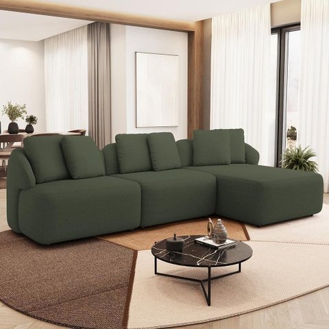Sofá 4 Lugares com Chaise Direito Sala Living 288cm Arlo F04 Linho Verde - Lyam Decor
