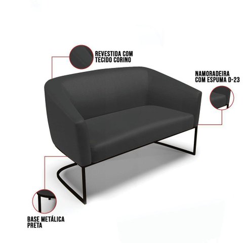 Sofá Namoradeira 2 Lugares Base Industrial Preto Stella Corino D03 - D'Rossi Cor Preto