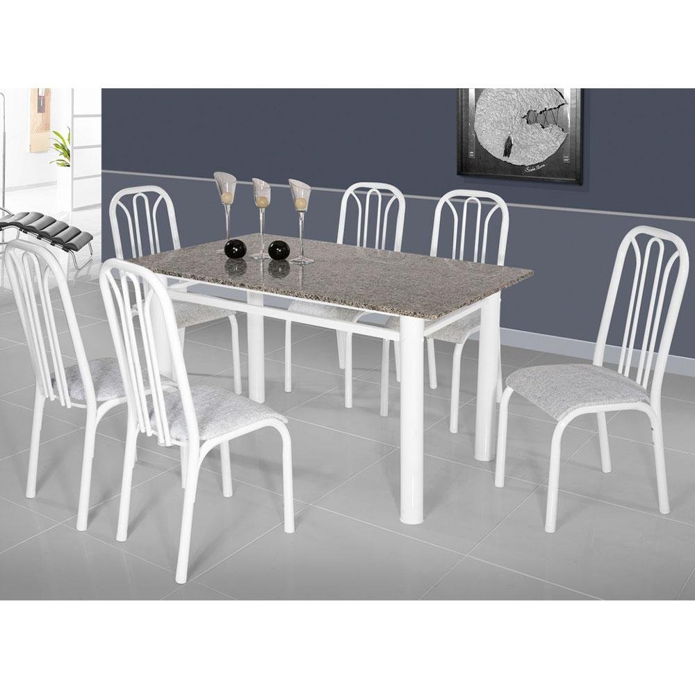 Conjunto de Mesa Com 6 Cadeiras Para Cozinha Tampo Retangular e Granito  1,50m Branco Sofia Ciplafe