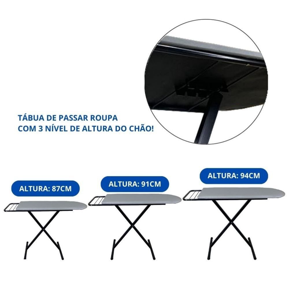 Tábua Mesa de Passar Roupa Dobrável e Regulável Grande Preta - 4