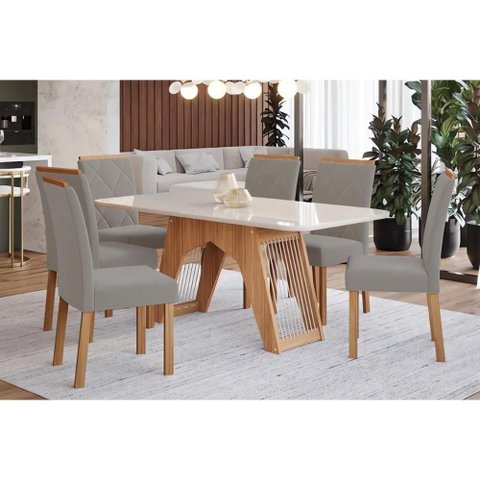 Conjunto: Mesa Sala Jantar Carol Tampo Madeirado C/ Vidro 180x90cm e 6 Cadeiras Fernanda Madeirado/