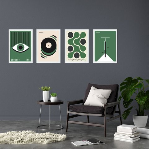 Kit 4 Quadros Artes Bauhaus Verde e Preto 45x34cm:moldura Preta