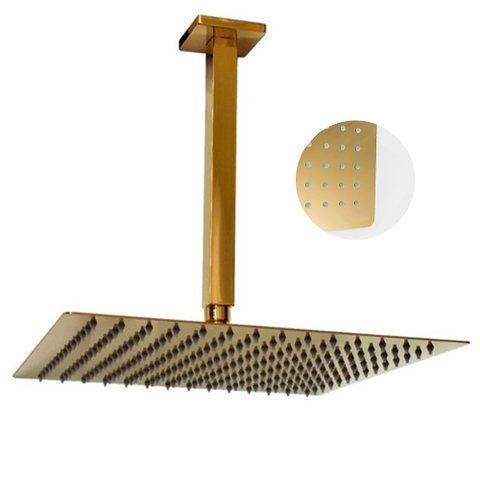 Ducha Chuveiro Teto Inox Dourado 20x20 Suporte Quadrado Slim Luxo Banheiro Piscina Banho Area