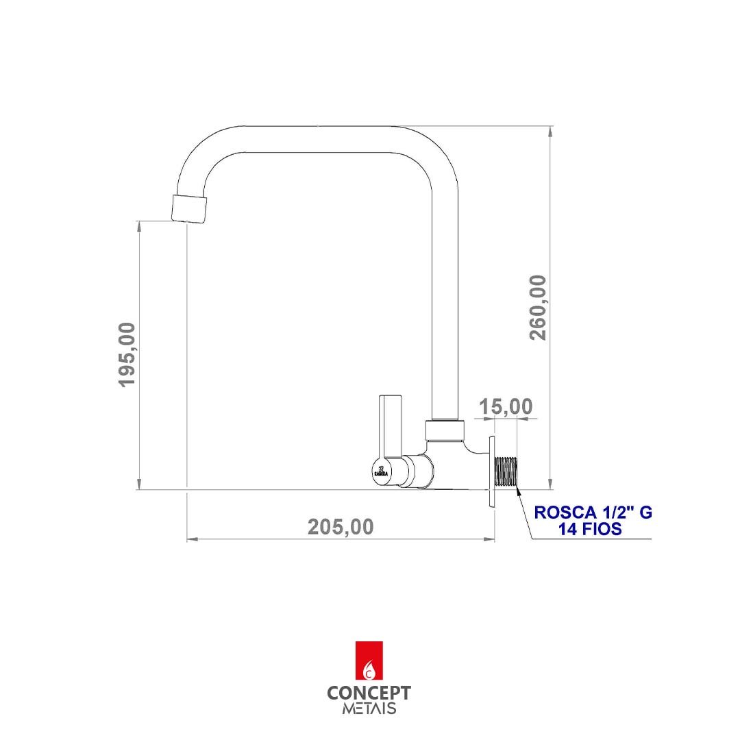 Torneira Cozinha Giratória Cano Alto Bica Móvel Parede Metal Concept Metais 2267 - 4