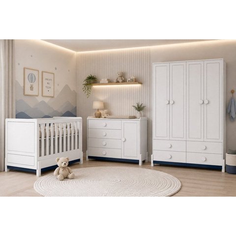 Quarto de Bebê Completo Armário 4PTS , Comoda com Pt e Berço 2 em 1 em MDF Linha Luna