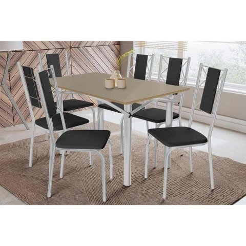 Conjunto: Mesa de Cozinha Elba Tampo Madeirado C/ Vidro 120cm e 6 Cadeiras Lisboa Cromada/freijo