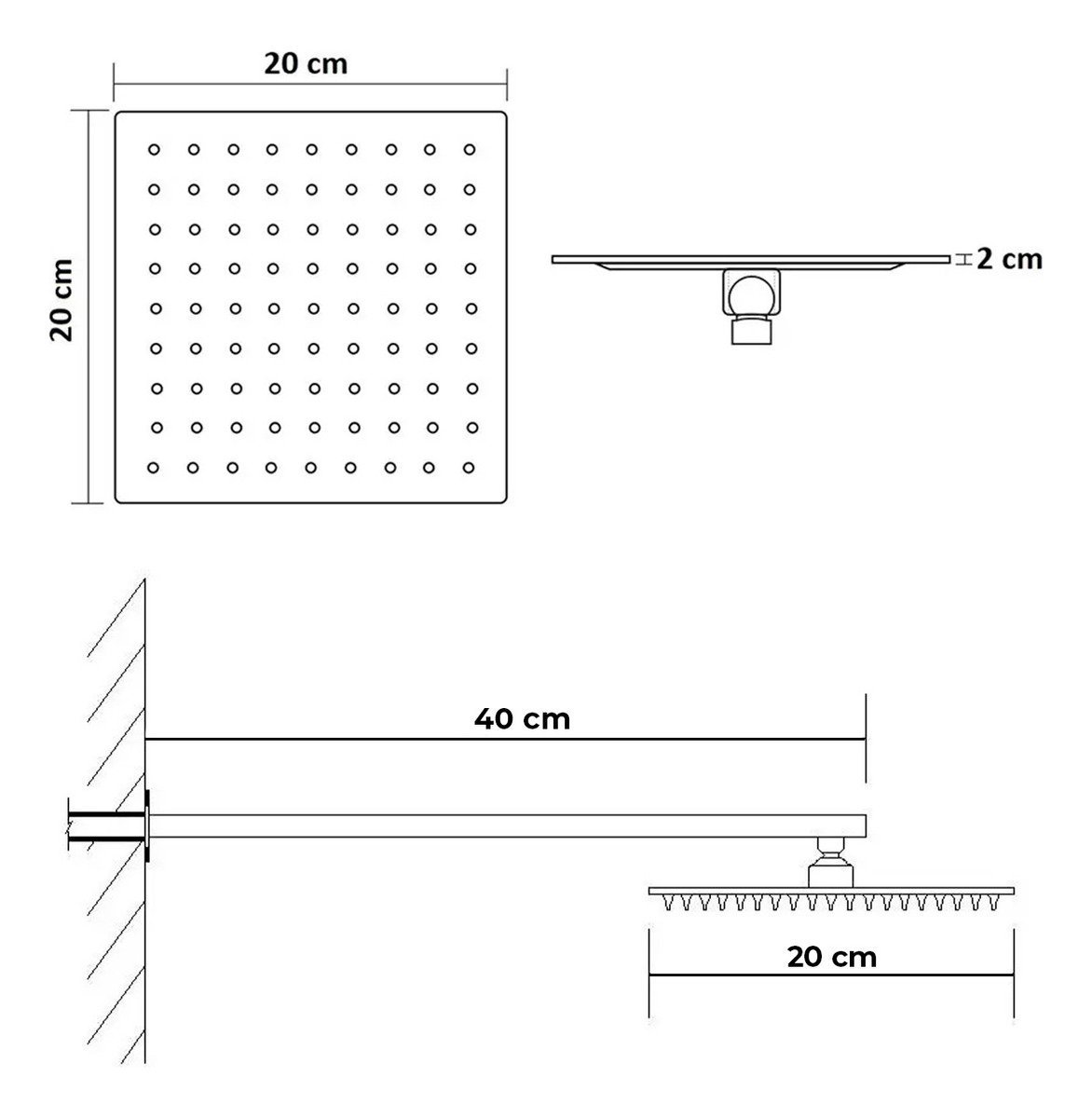 Ducha Chuveiro 20x20 Preto Inox Luxo Braço 40cm Solar Gás - 7