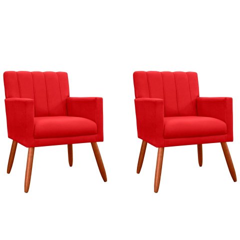 Kit 2 Poltronas Decorativa Cecília Suede Vermelho Pés Madeira Ms Decor