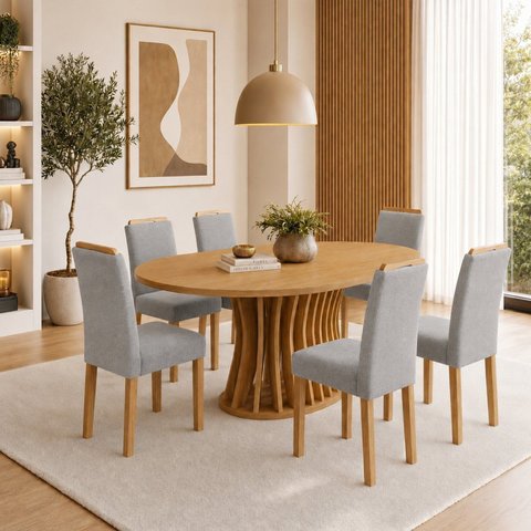 Conjunto de Mesa de Jantar 6 Lugares Orgânica em MDF Cinamomo e Cinza