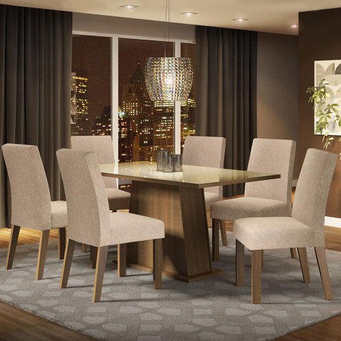 Conjunto Sala de Jantar Mesa Tampo de Vidro 6 Cadeiras Patricia Madesa