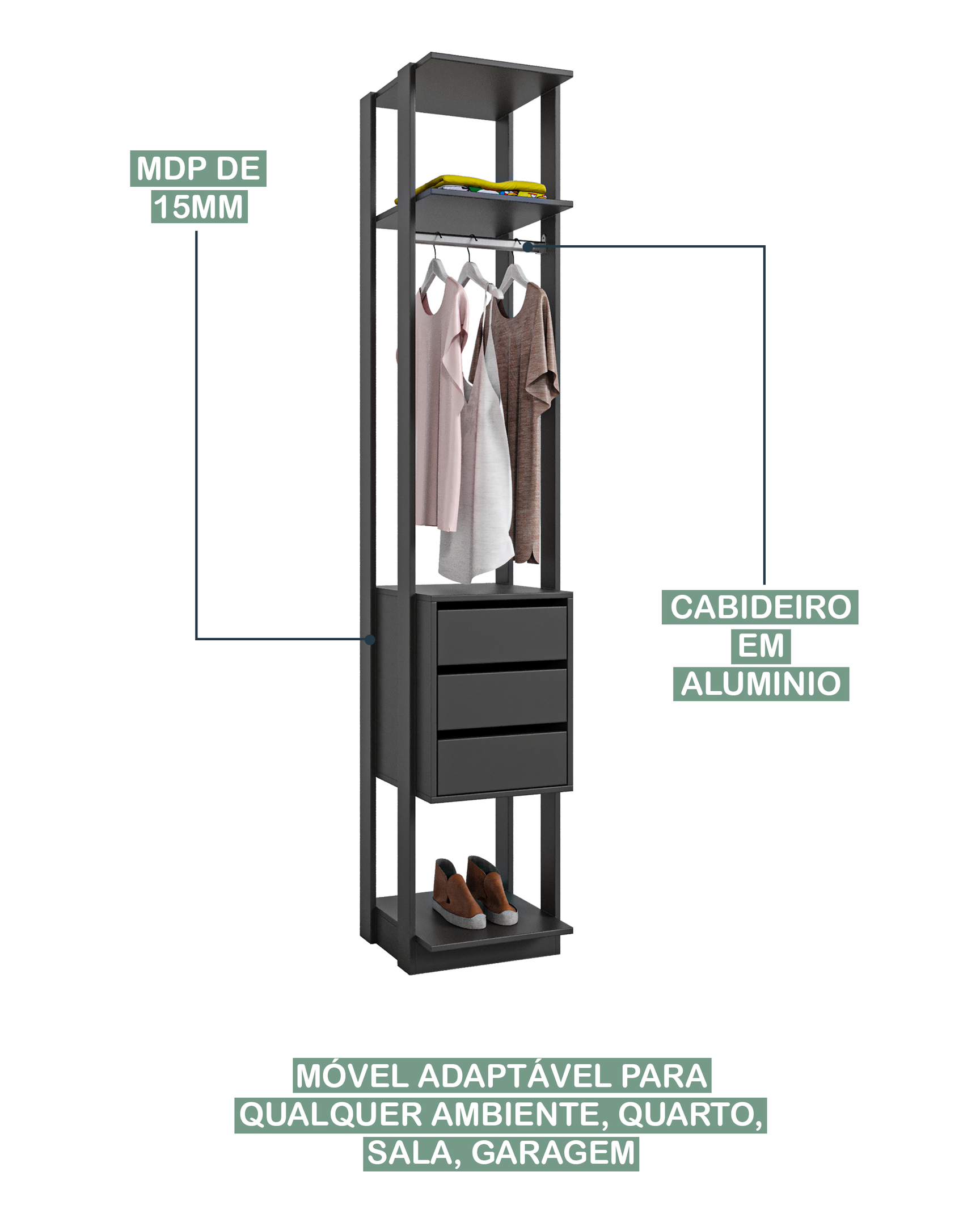 Módulo Closet 3 Gavetas e Cabideiro Clothes 410  - 6