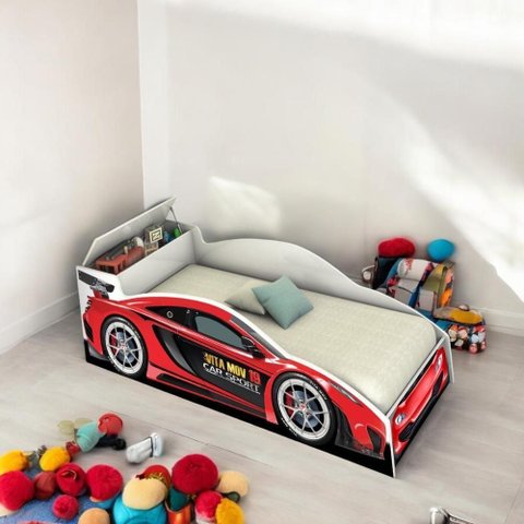 Cama Solteiro Carro com Baú Vermelha