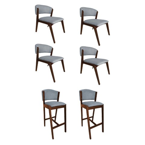 Kit com 4 Cadeiras Kethellen Premium com 2 Banquetas Ana em Madeira Maciça Mel Linho Cinza