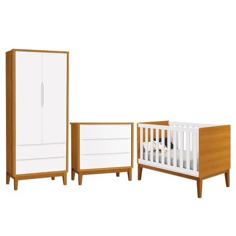 Dormitório Infantil Classic 2 Portas, Cômoda 3 Gavetas e Berço Branco/Savana com Pés Amadeirado