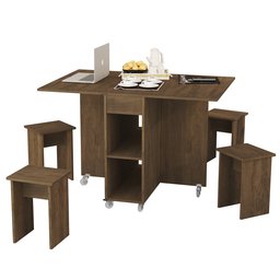 Mesa de Jantar Dobrável Castanho com Bancos em Mdf - Vira Aparador - 2