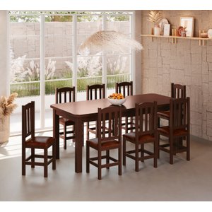 Mesa de Jantar Safira 200x88 com 8 Cadeiras Diamante Estofado Marrom:castanho