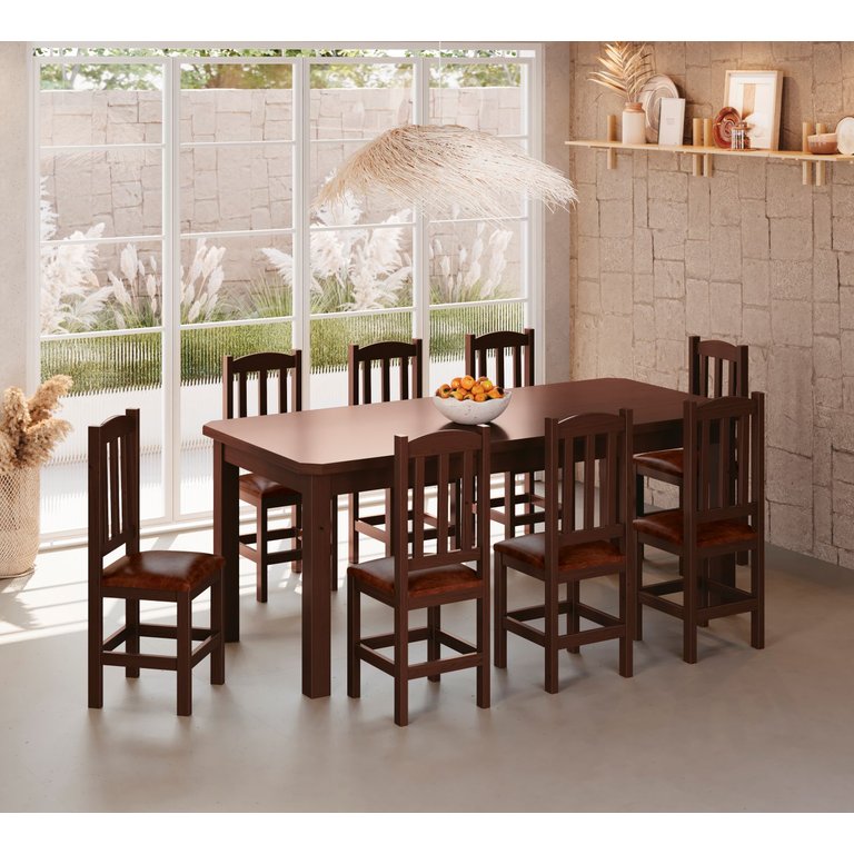 Mesa de Jantar Safira 200x88 com 8 Cadeiras Diamante Estofado Marrom:castanho