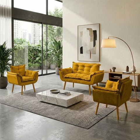 Kit Namoradeira Decorativa e 2 Poltronas Confortável para Sala Recepção Manicure Alice Suede