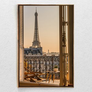 Quadro Decorativo Vertical Torre Eiffel Janela Com Moldura e Sem Vidro 40X60