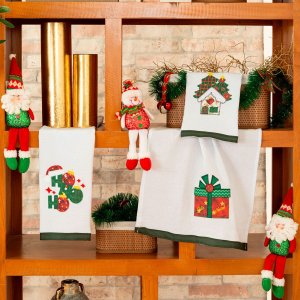 Kit de Panos de Copa Bordado Felpudo Natalino 03 Peças - Decoração Natal Guardanapo de Prato 100% Al