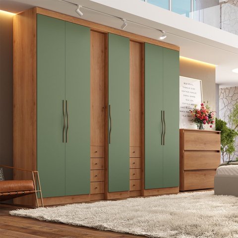 Guarda-Roupa Casal 7 Portas 8 Gavetas 270x55x233cm Absolut New Yescasa Verde Freijó/Sálvia