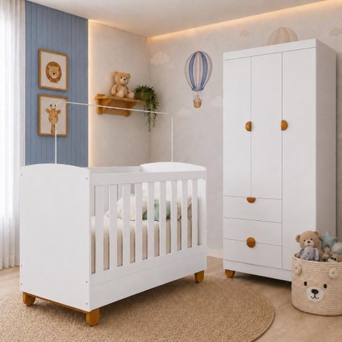 Conjunto Berço 2 em 1 e Roupeiro 3 Portas 3 Gavetas Apolo - Branco Fosco