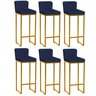 Kit 06 Banqueta Alta Com Encosto Lucca Industrial Cozinha Balcão Bistrô Ferro Dourado Suede Azul - 1