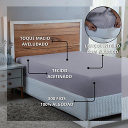 Lençol Cama Casal 100% Algodão com Elástico Percal 300 Fios Hotel Pousada:cinza - 4