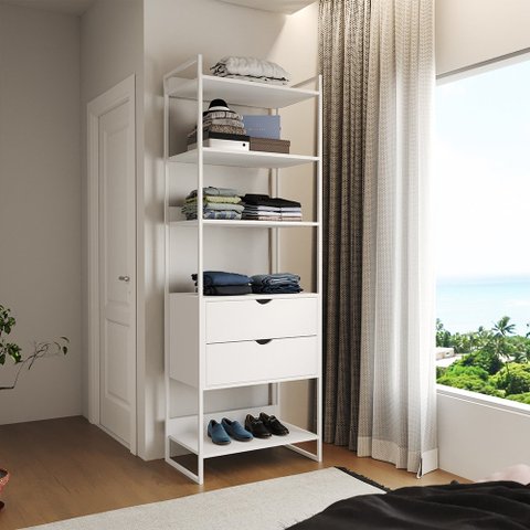 Closet Solteiro Estilo Industrial Loft 1 Módulo com Gaveta Branco Ferro Branco
