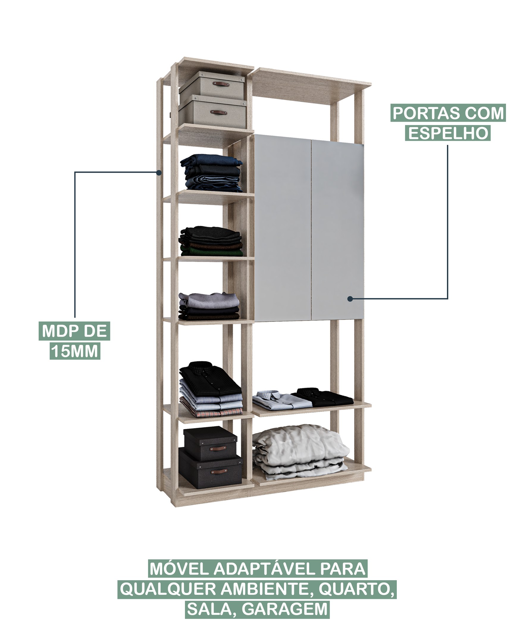 Módulo para Closet com Espelho 2 Portas 8 Prateleiras  - 2