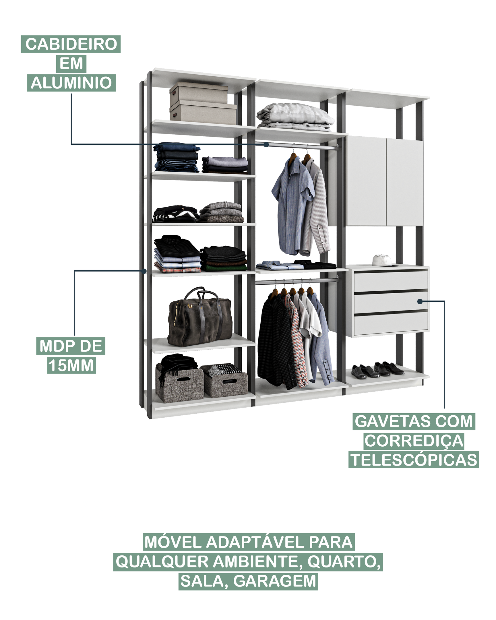 Módulo para Closet 2 Portas 3 Gavetas 2 Cabideiros  - 7