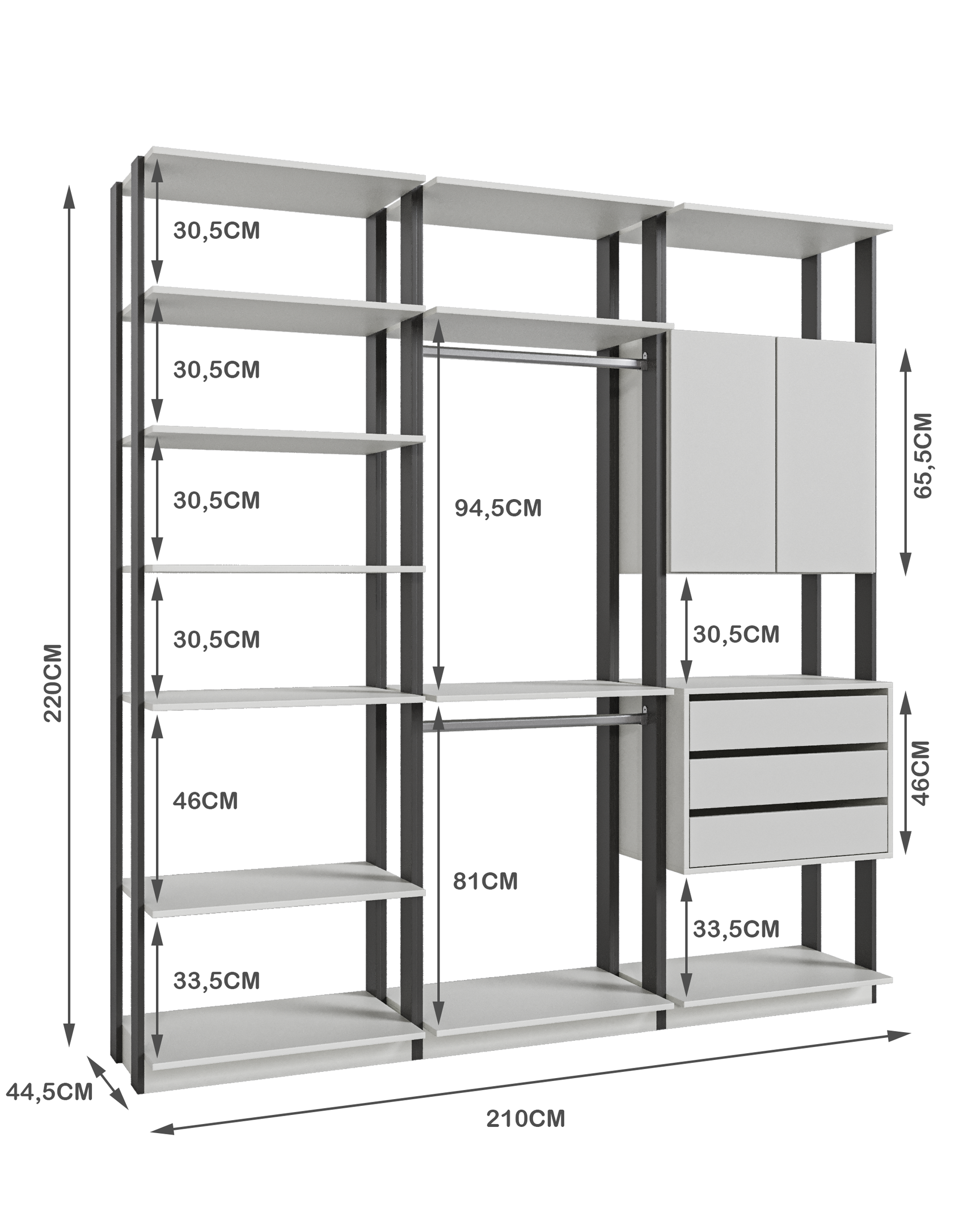 Módulo para Closet 2 Portas 3 Gavetas 2 Cabideiros  - 6