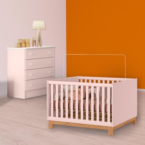 Conjunto Berço Mini Cama Slim e Cômoda 4 Gavetas Rosa