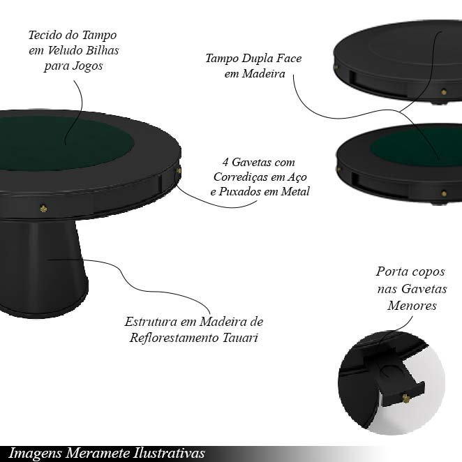 Conjunto Mesa de Jogos Carteado Bellagio Tampo Reversível e 4 Cadeiras Madeira Poker Base Cone Pu Pr - 4