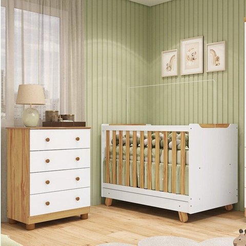 Quarto de Bebê com Cômoda 4 Gavetas e Berço 4 em 1 Minicama 100% MDF Mike Espresso Móveis Branco/Brilho/Amêndoa