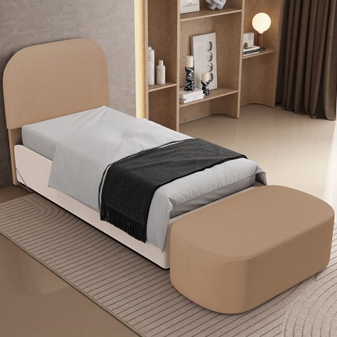 Cabeceira Cama Box 100cm Lanna com Puff Recamier Doha W01 Linho Bege Escuro - Lyam Decor