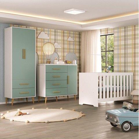 Quarto Infantil com Guarda-Roupa 2 Portas 2 Gavetas com Cômoda e Berço Magia Espresso Móveis Verde/Branco