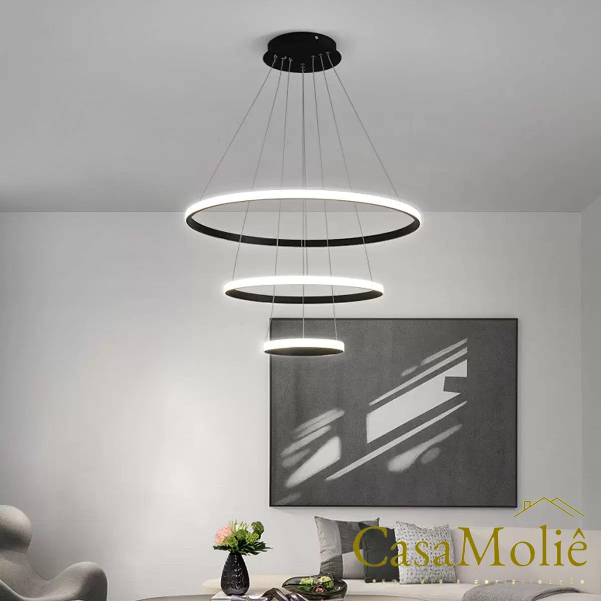 Lustre Led Moderno Pendente 89w Preto C/ Controle 60cm - 5